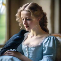 A young woman with wavy blonde hair, tanned skin, and yellow eyes, looking at a small crow perched on her hand