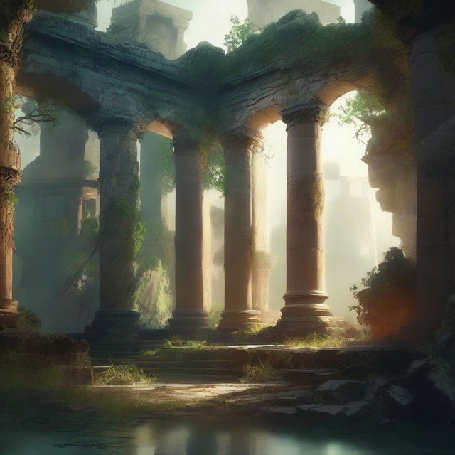 Create an image titled 'Echoes of Antiquity' that depicts an ancient and mystical scene