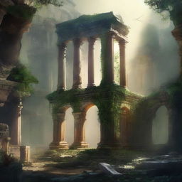 Create an image titled 'Echoes of Antiquity' that depicts an ancient and mystical scene