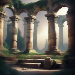 Create an image titled 'Echoes of Antiquity' that depicts an ancient and mystical scene