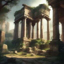 Create an image titled 'Echoes of Antiquity' that depicts an ancient and mystical scene