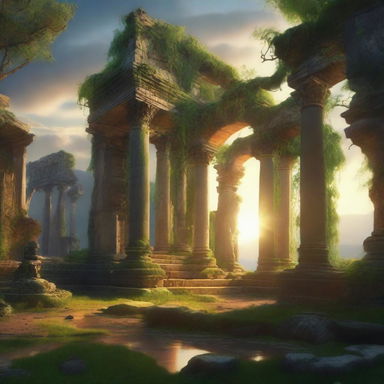 A serene landscape showcasing ancient ruins overgrown with vines and moss, bathed in the golden light of a setting sun
