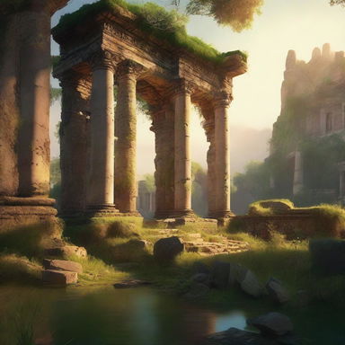 A serene landscape showcasing ancient ruins overgrown with vines and moss, bathed in the golden light of a setting sun