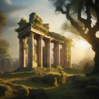 A serene landscape showcasing ancient ruins overgrown with vines and moss, bathed in the golden light of a setting sun