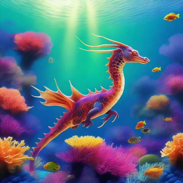 A majestic sea dragon that lives in the Pearl Sea, its scales shimmering with iridescent hues
