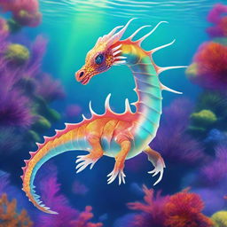 A Royal Pearl Sea Dragon, adorned with regal features and majestic scales that glisten with iridescent colors