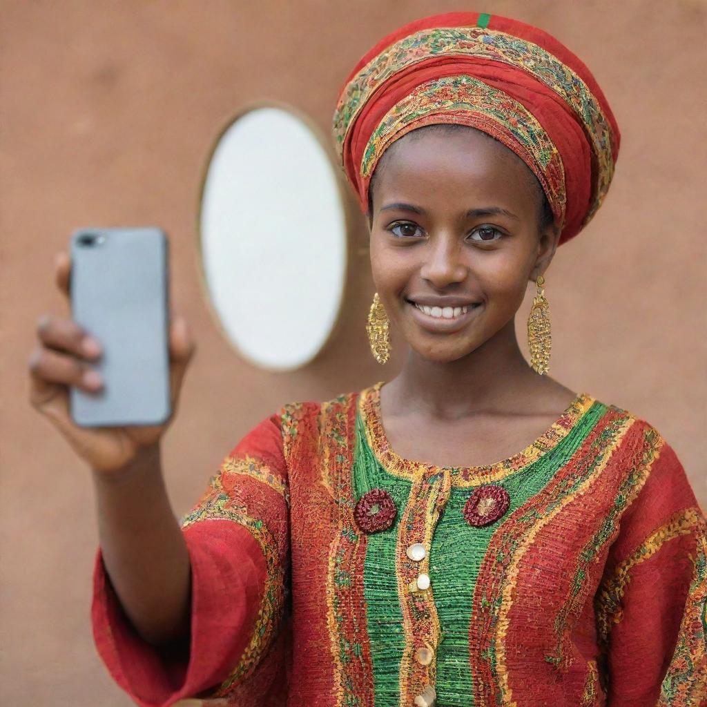 A young Ethiopian girl in vibrant traditional clothes posing while taking a selfie with a mirror.