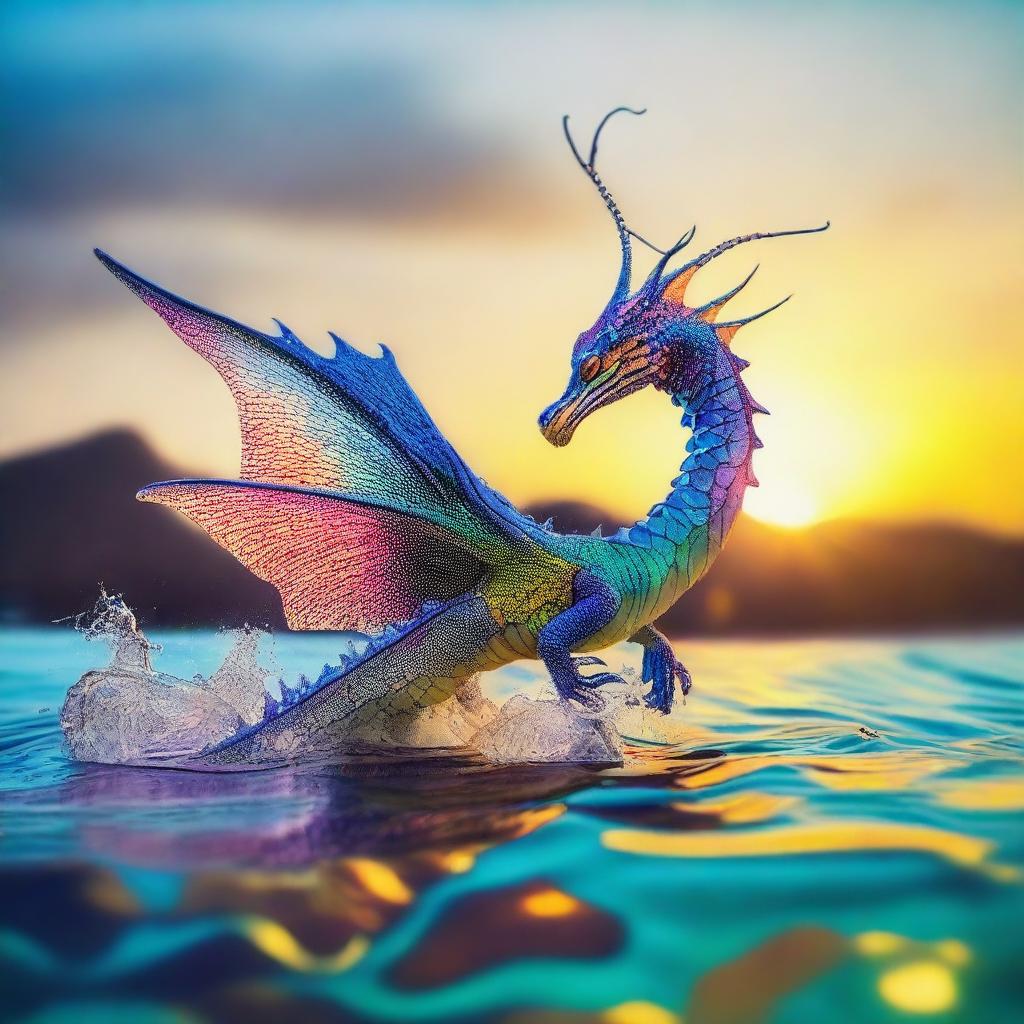 A Royal Pearl Sea Dragon leaping out of the water at sunrise