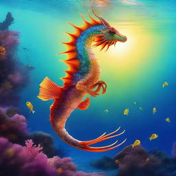 A Royal Pearl Sea Dragon leaping out of the water at sunrise