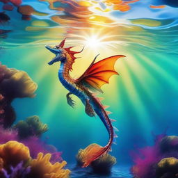 A Royal Pearl Sea Dragon leaping out of the water at sunrise