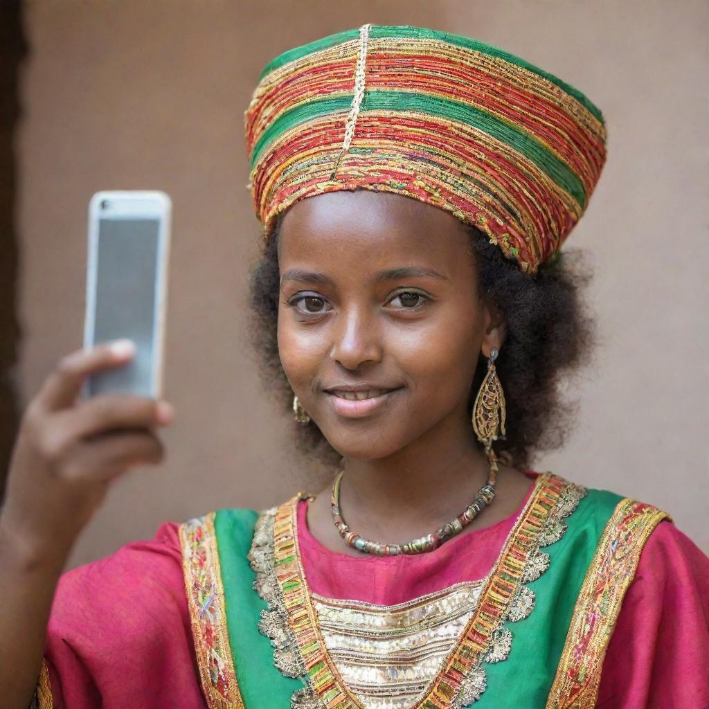 A young Ethiopian girl in vibrant traditional clothes posing while taking a selfie with a mirror.