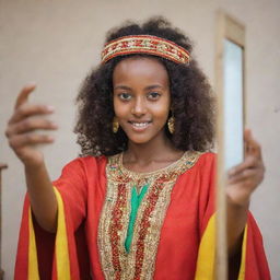 A young Ethiopian girl in vibrant traditional clothes posing while taking a selfie with a mirror.