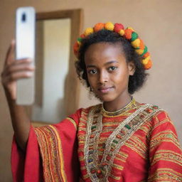 A young Ethiopian girl in vibrant traditional clothes posing while taking a selfie with a mirror.