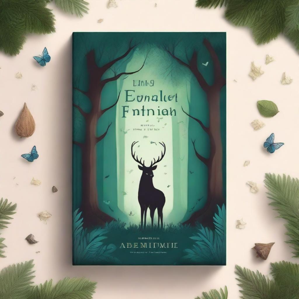 Create a captivating book cover featuring an enchanting forest with mystical creatures