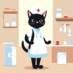 A cute black cat wearing a nurse outfit, complete with a small nurse hat and a white apron, standing in a cheerful and bright environment