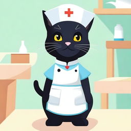 A cute black cat wearing a nurse outfit, complete with a small nurse hat and a white apron, standing in a cheerful and bright environment