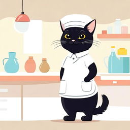 A cute black cat wearing a nurse outfit, complete with a small nurse hat and a white apron, standing in a cheerful and bright environment