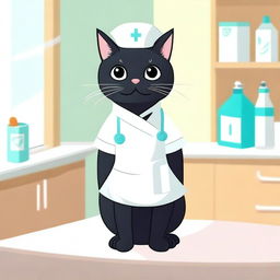 A cute black cat wearing a nurse outfit, complete with a small nurse hat and a white apron, standing in a cheerful and bright environment