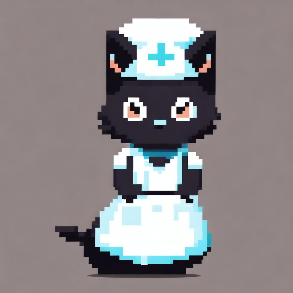 A pixel art style image of a black cat wearing a nurse outfit