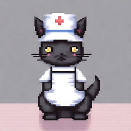 A pixel art style image of a black cat wearing a nurse outfit