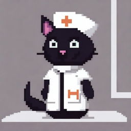 A pixel art style image of a black cat wearing a nurse outfit