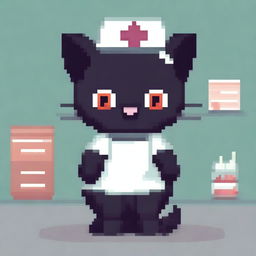 A pixel art style image of a black cat wearing a nurse outfit