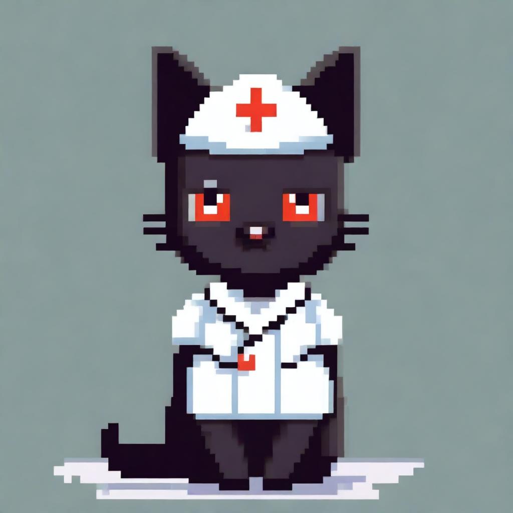 A pixel art style image of a black cat wearing a nurse outfit and sunglasses