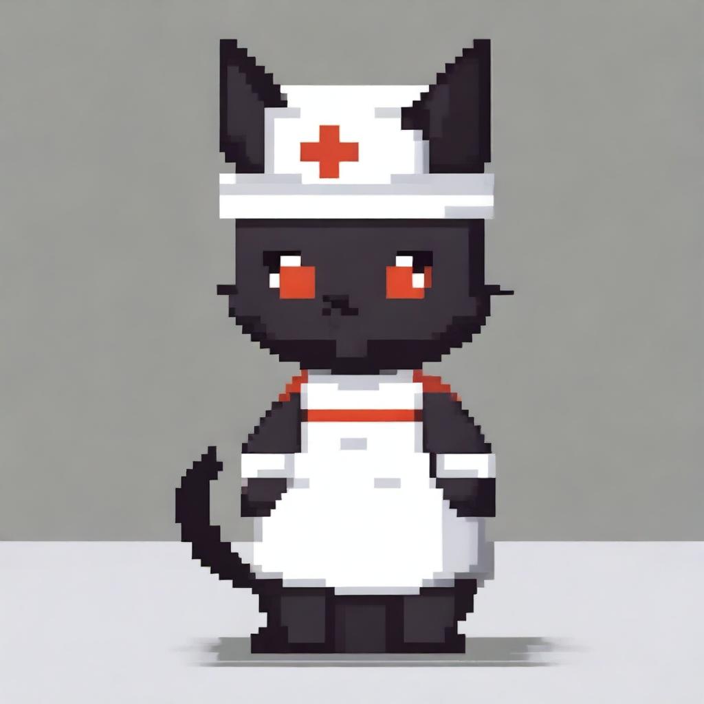 A pixel art style image of a black cat wearing a nurse outfit and sunglasses