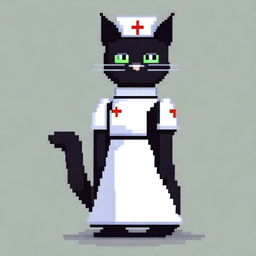 A pixel art style image of a black cat wearing a nurse outfit and sunglasses