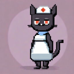 A pixel art style image of a black cat wearing a nurse outfit and sunglasses