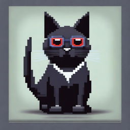 A pixel art style image of a black cat wearing sunglasses