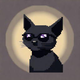 A pixel art style image of a black cat wearing black sunglasses