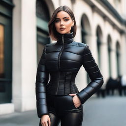 A stylish woman wearing a tight black puffer corset that accentuates her figure