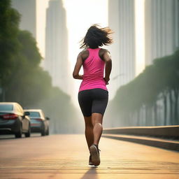 A 45-year-old Indian woman wearing gym clothes is running on a city road early in the morning at 6 am