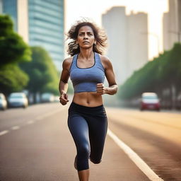 A 45-year-old Indian woman wearing gym clothes is running on a city road early in the morning at 6 am