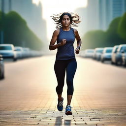 A 45-year-old Indian woman wearing gym clothes is running on a city road early in the morning at 6 am