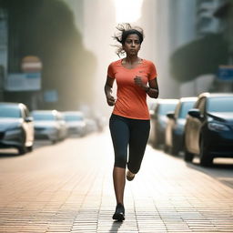 A 45-year-old Indian woman wearing gym clothes is running on a city road early in the morning at 6 am