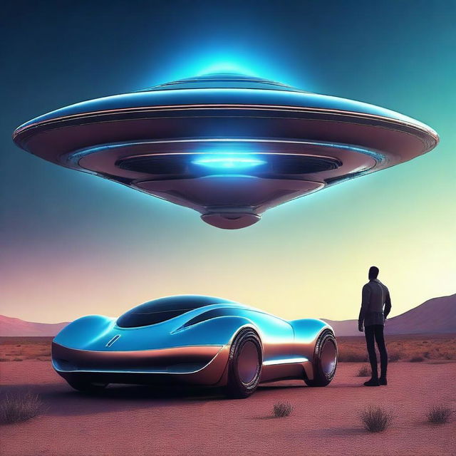 A futuristic car that looks like a UFO, with an alien and a human standing next to it