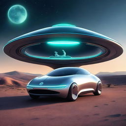 A futuristic car that looks like a UFO, with an alien and a human standing next to it