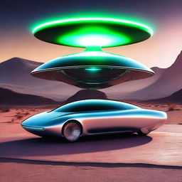 A futuristic car that looks like a UFO, with an alien and a human standing next to it