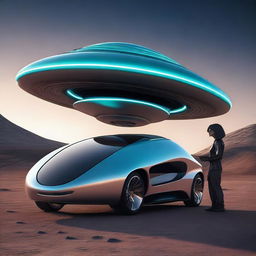 A futuristic car that looks like a UFO, with an alien and a human standing next to it