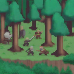 A pixel art scene depicting a battle in a forest