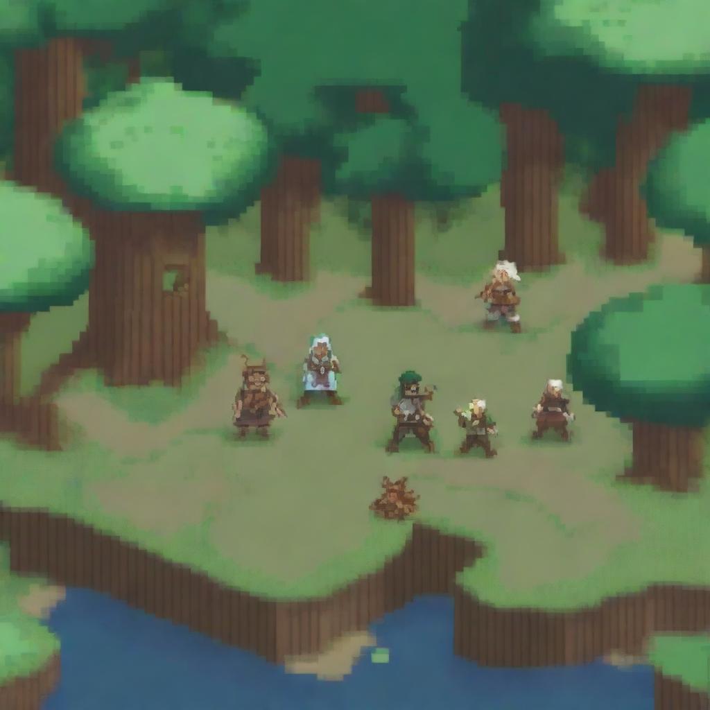 A pixel art scene depicting a battle in a forest