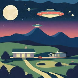 A scene depicting 1960s UFOs flying over a rural area at night