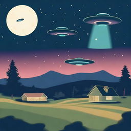 A scene depicting 1960s UFOs flying over a rural area at night