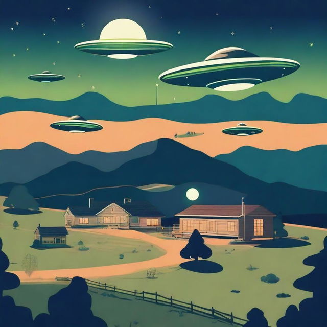 A scene depicting 1960s UFOs flying over a rural area at night