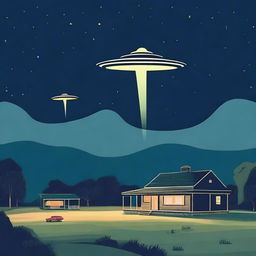 A scene depicting 1960s UFOs flying over a rural area at night