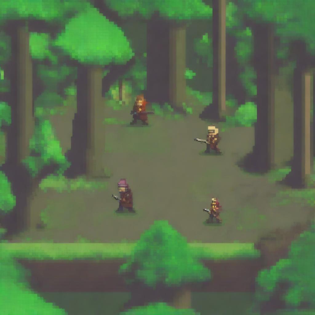 A close-up pixel art scene depicting a battle in a forest