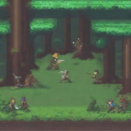 A close-up pixel art scene depicting a battle in a forest