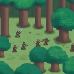 A close-up pixel art scene depicting a battle in a forest